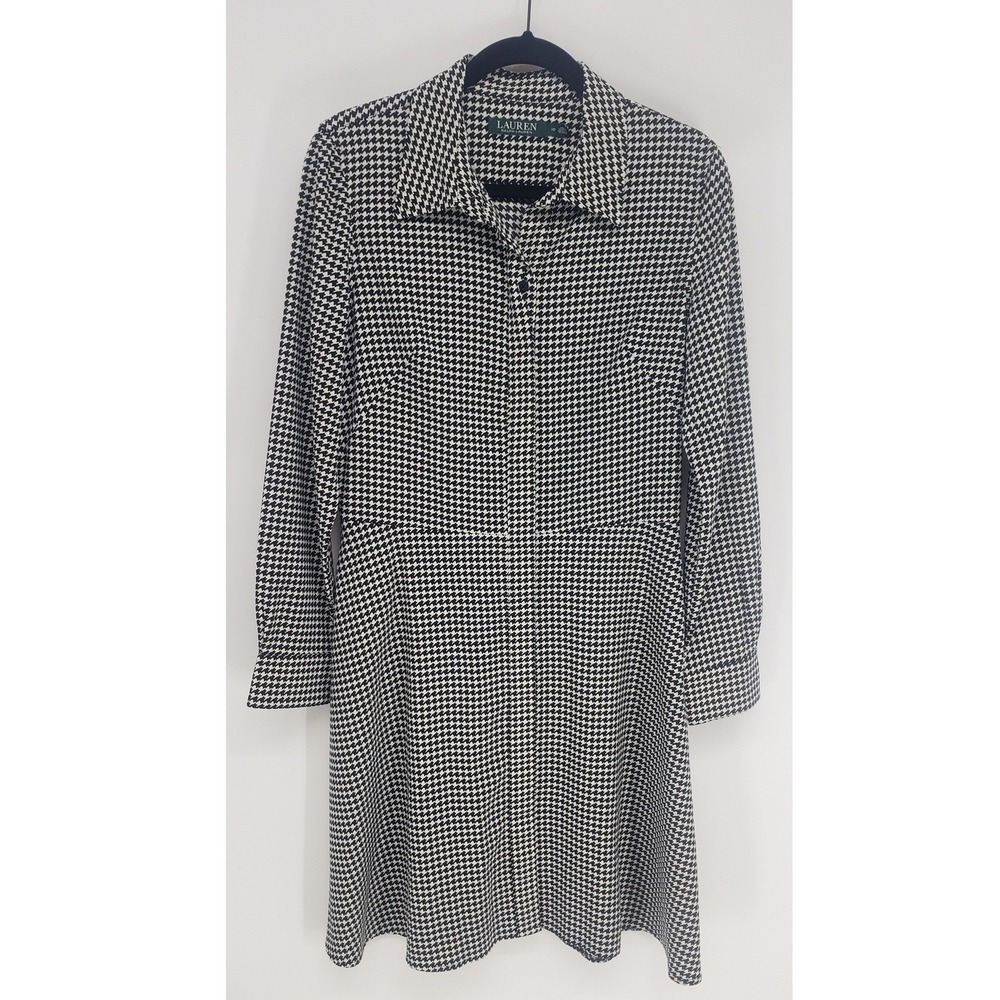 Ralph Lauren Houndstooth Fit & Flare Shirt Dress Size 10 Black White Long Sleeve - Picture 2 of 9